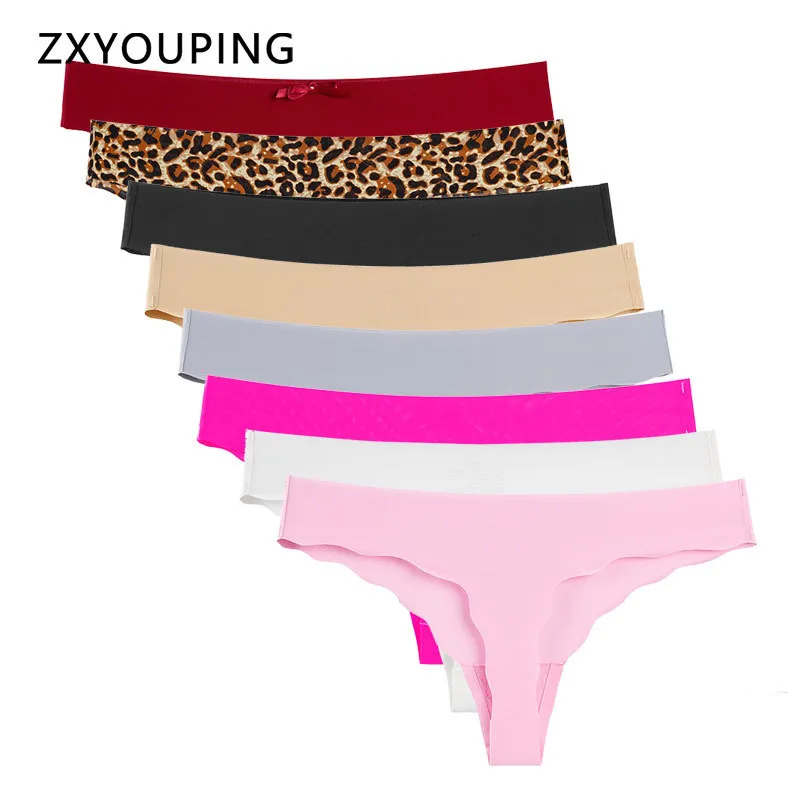 4Pcs Women Sexy Thong Leopard Cute Bow Seamless Panties Lady Low Waist Wave Underwear Plus Size S-XXL G String Comfort Lingerie LJ200822