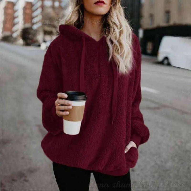 women`s polerones Fleece Hoodies Long Sleeve Hooded Pullover Sweatshirt Autumn Winter Warm Zipper Pocket Coat Female sweatshirt 220115