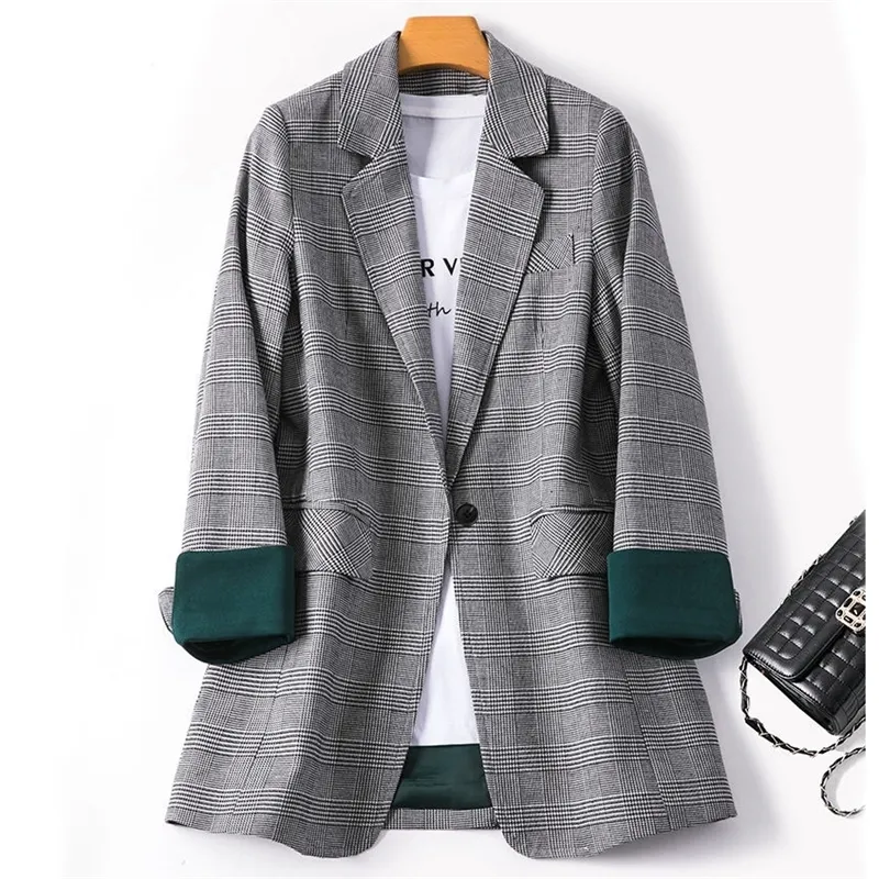 Spring And Autumn Women Blazers Plaid Coat New Loose Fashion Temperament Casual Suit Jacket Lady 201023