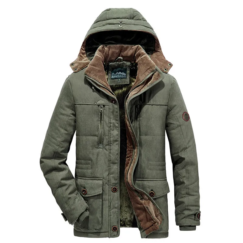 20 F Men s Winter Parka Thick Warm Velvet Hooded Jacket with Multi Pockets