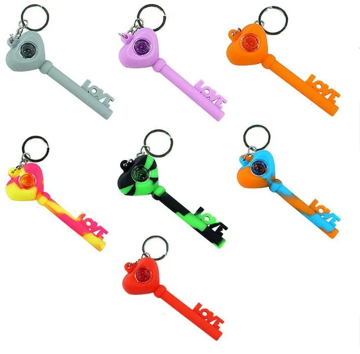 Amour porte-clés silicone main pipe fumer verre Bong conduite d'eau bol en verre silicone Bongs Heady Mini Pipe cire huile Rigs herbe