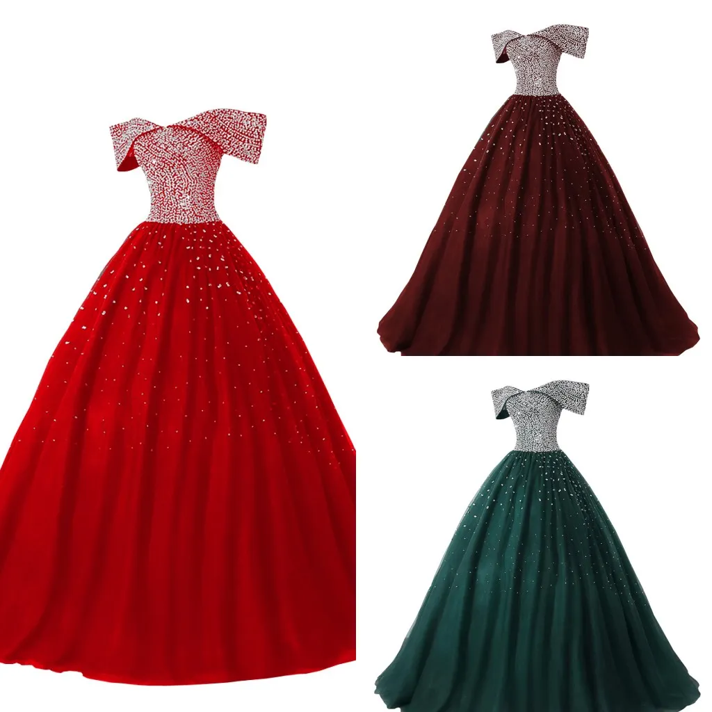 Bedövning av axelpaket klänningar Princess Women 2021 Beaded Sequins Tulle Corset Back Prom Quinceanera Klänning Lång Gäst Plus Storlek