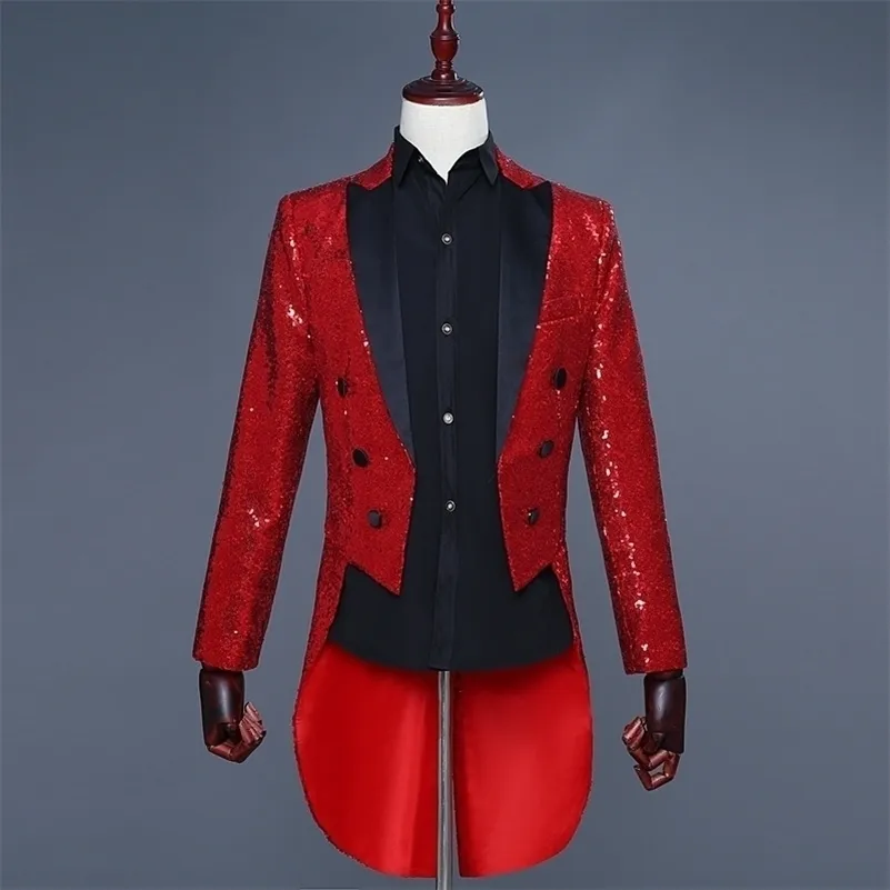 Red Mens Tailcoat Redingote Longue Homme Vintage Suit Jacket Long Tuxedo Vintage Men Dress Jackets Tuxedo 201106