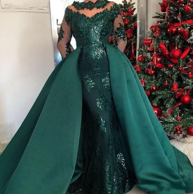 Mermaid Dark Green Evening Dresses Wear Jewel Neck Illusion Sequins Lace Beads Long Sleeves Overskirts Detachable Train Party Prom Gowns