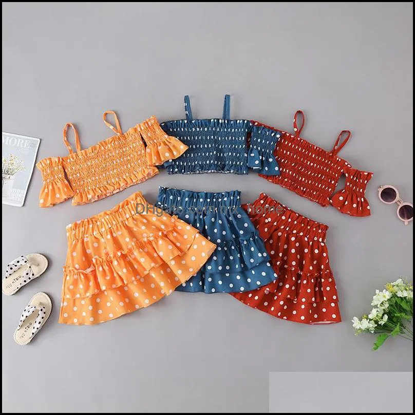 Zestawy odzieżowe Baby Kids Baby, Maternity Girls Stroje Dla Dzieci Sling Bez Ramiączek Wzburzyć Topy + Kropki Spódnice 2 sztuk / Set Lato Boutique Fashion Cl