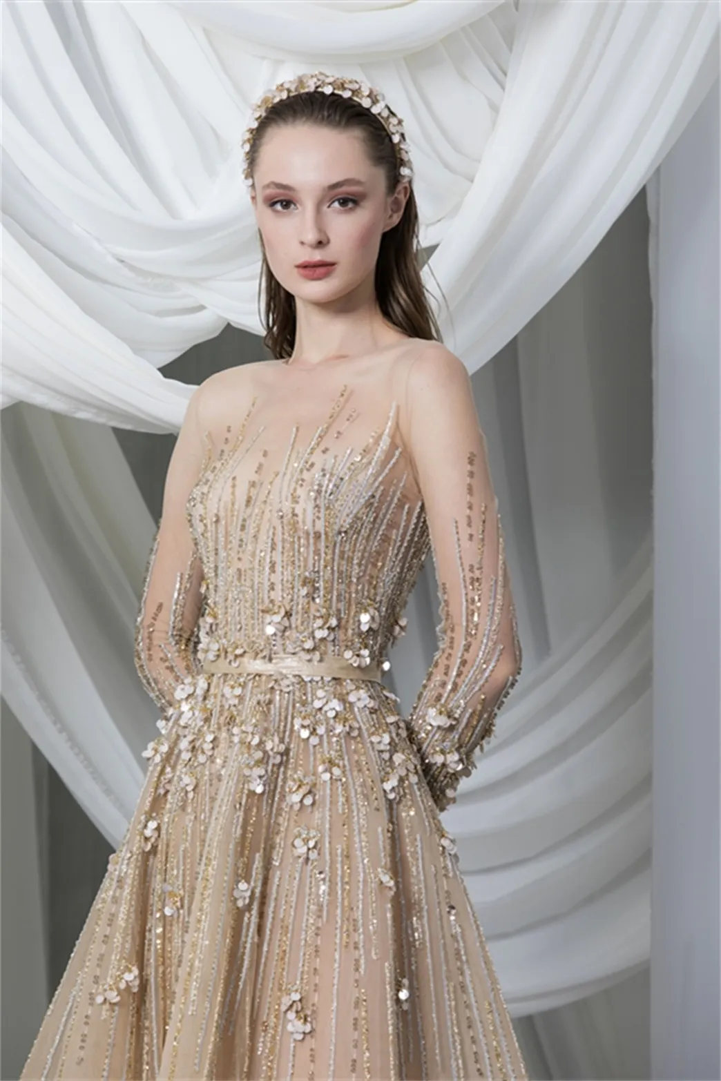 Champagne Jewel Long Sleeves Lace Beaded Prom Gown... From Newdeve, $262.27  | DHgate.Com