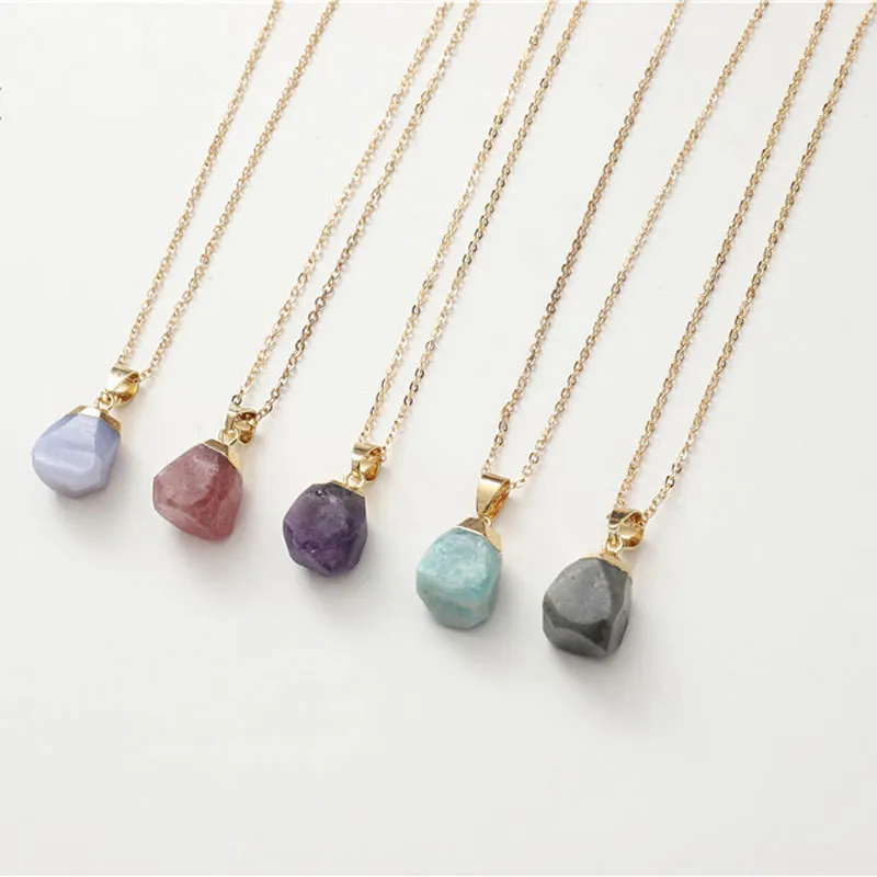 Creative Irregular Different Natural Crystal Stone Healing Pendant Necklaces With Gold Plated Chain Women Men Fashion Jewelry