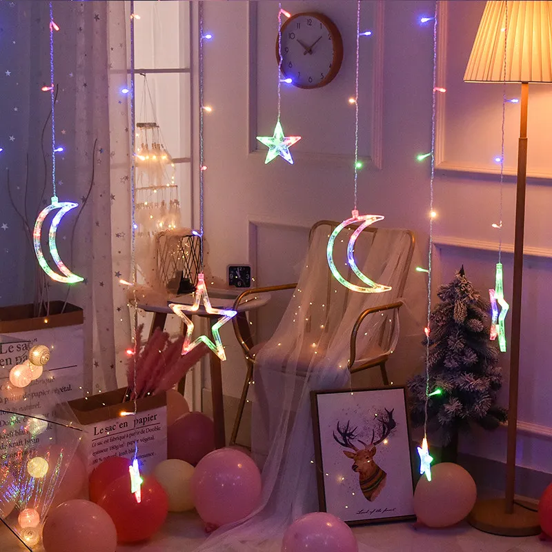 220V EU Plug Moon Star Led Gordijnlichten Strings 110V US Christmas Fairy Garlands Outdoor LED's Twinkle String Lights Holiday Festival Decoratie