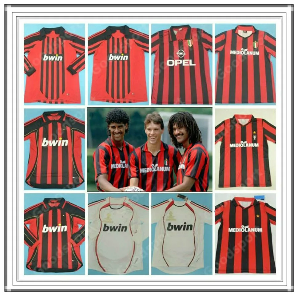 Retro voetbalshirts Gullit van Basten Baresi Maldini C. Ancelotti Rijkaard Ronaldo Kaka Inzaghi Pirlo Weah Baggio Seedorf