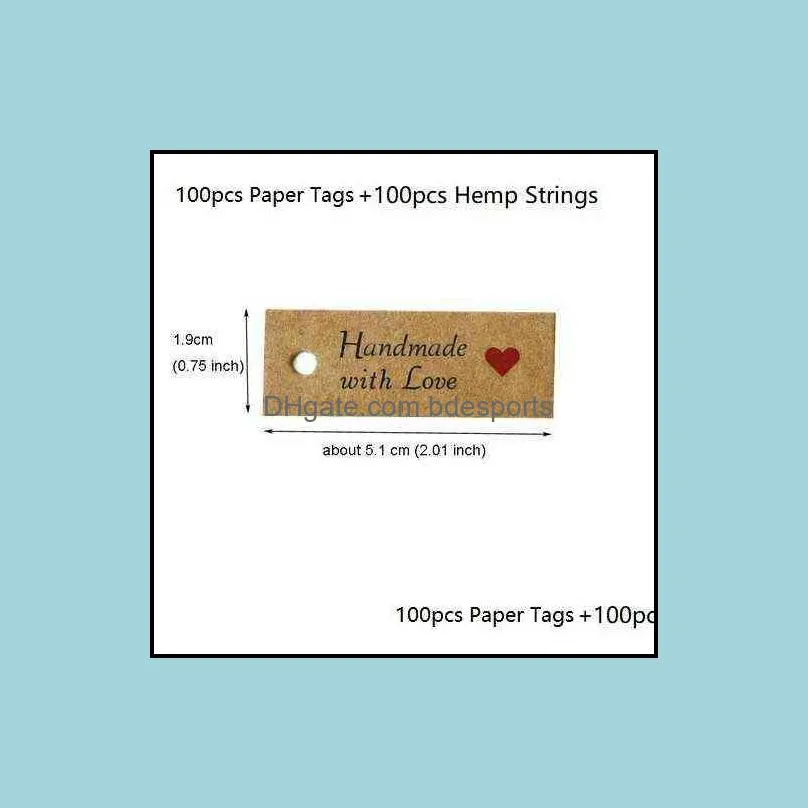 100pcs Kraft Paper Tags with Strings Handmade with Love Hang Tags Garment Tags for Candy/Gift/ Display Packing Label Card Y1230