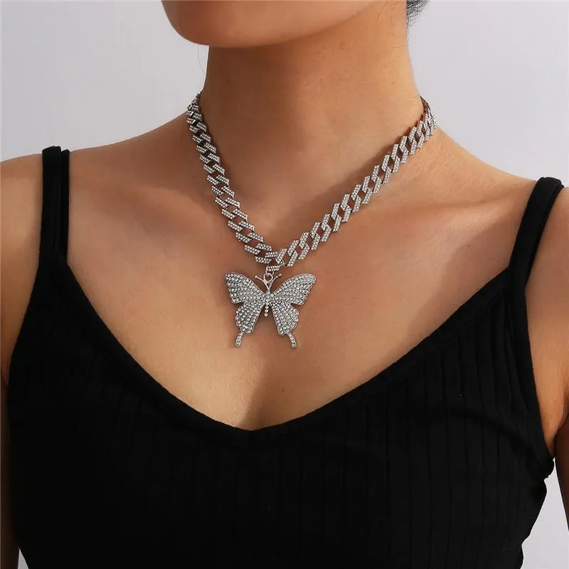 Bling Butterfly Hanger Charm Volledige Rhinestone Miami Curb Cubaanse Ketting Hip Hop Choker Ketting Rapper Rock Mannen Vrouwen Sieraden