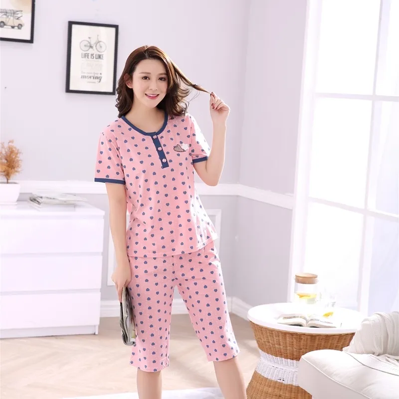 Plus Size Meisjes Knielengte Katoen Pyjama Set voor Vrouwen Zomer Korte Mouw Pyjama Pijama Loungewear Homewear Home Kleding T200707