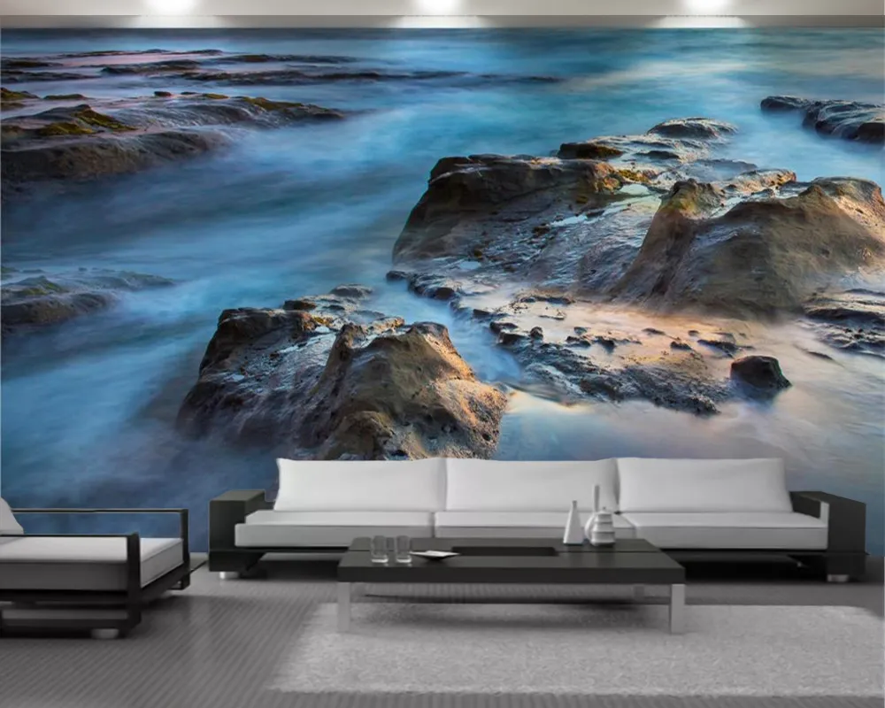 Mooie steen zeewater 3d behang voor woonkamer slaapkamer romantische landschap decoratieve zijde 3d muurschildering behang