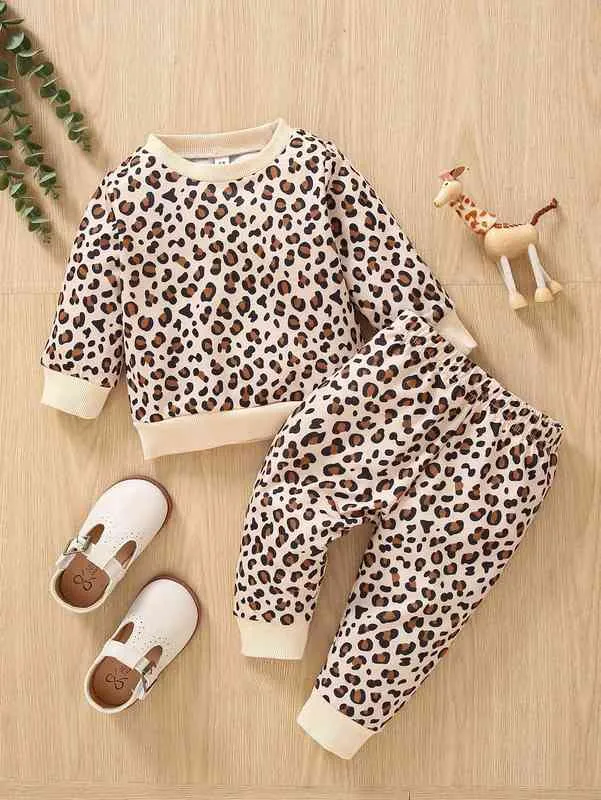 Sweat-shirt à imprimé léopard pour bébé, pantalon de survêtement SHE