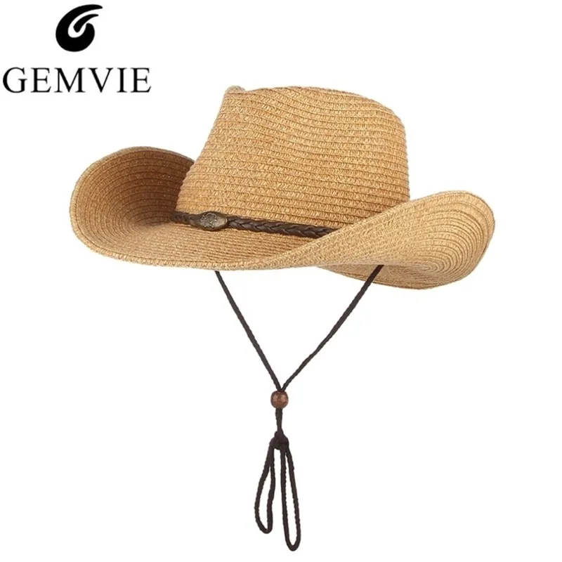 Gemvie Western Cowboy Sun Hat Lanyard para Homens Mulheres Ampla Brim Palha Chapéu de Praia Panama Pesca Pescador Tampão Chapéu de Verão Y200602