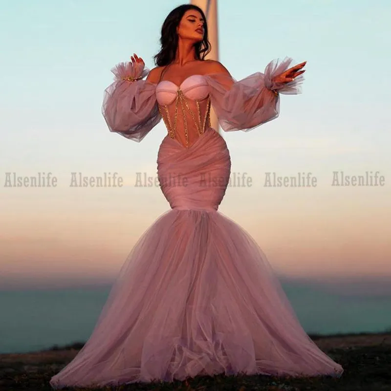Modest Kosovo Evening Dresses Women Party Night Mermaid Prom Dress Off the Shoulder Long Sleeves vestido De Fiesta De Boda