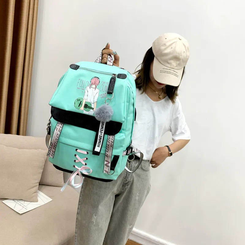 Stitch Kawaii niños niñas niños escuela libro bolsas mujeres Usb cadena  mochila lona hombres Laptop mochila mochila