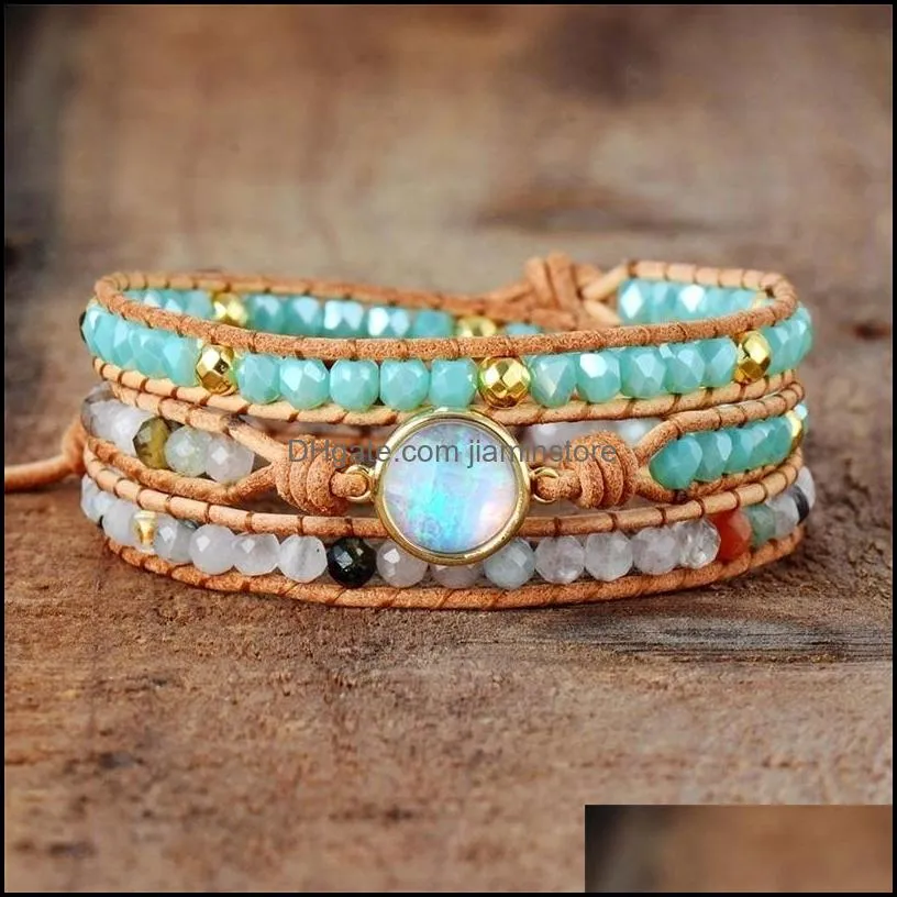 Charm armband smycken kvinnor naturliga opal sten 3 rader läder wrap armband fancy femme boho