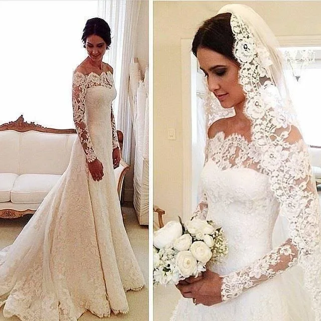 2021 Lace A-Line Wedding Dress Long Sleeves Sexy Off Shoulder Vintage Custom Made Sweep Train Bridal Gowns