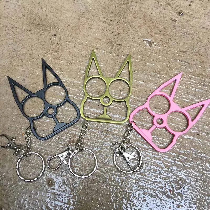 3 kleuren gepersonaliseerde klassieke kat vorm zelfverdediging sleutelhanger zelfverdediging gereedschap kat hoofd twee-vinger metalen zelf verdedigen wapens cadeau