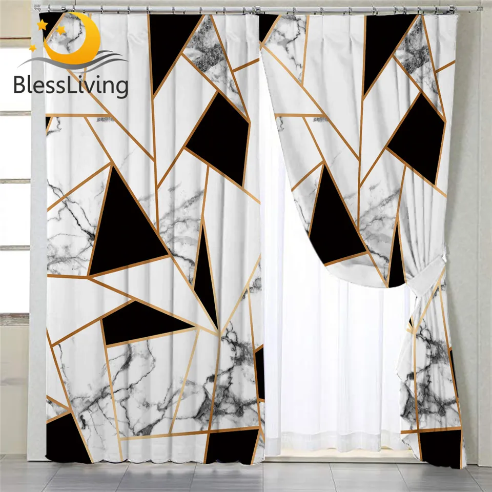 BlessLiving Geometrische Vorhänge für Wohnzimmer Marmor Textur Verdunkelungsvorhang Elegant Gold Weiß Schlafzimmer Fenstervorhang Rideaux LJ201224