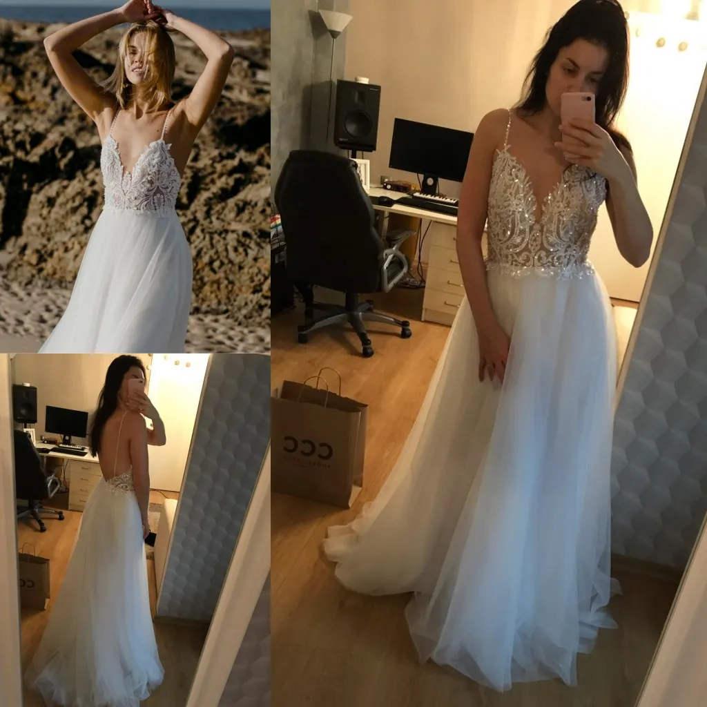 Bohemian Hippie Wedding Dresses 2021 with A-line Spaghetti Straps Backless Plus Size Toddler Beach Bridal Gowns Lace Top Sexy