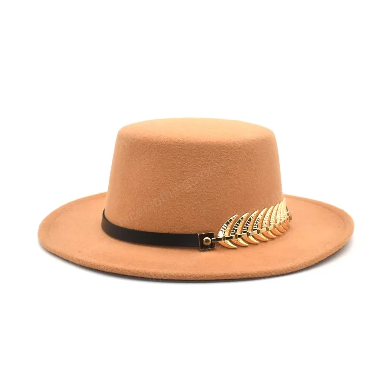 New Classic Khaki Flat Top Bowler Hat Wool Fedora Hat For Women Wide Brim Top Jazz Cap Elegant Panama Hats