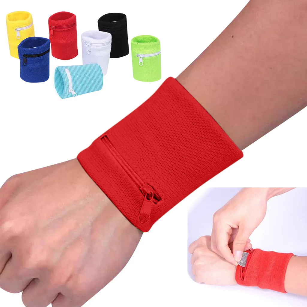 1st Sport Wristband Sweatband Football Yoga Gym basket som kör svett-absorbent dragkedja Pocket Sports handled plånbokspåse