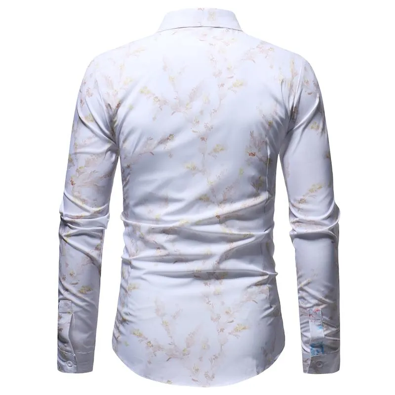 Camisa estampada floral branca masculina 2020, nova marca slim fit de manga comprida, camisas sociais masculinas, camisa casual para festa e férias para homens244a