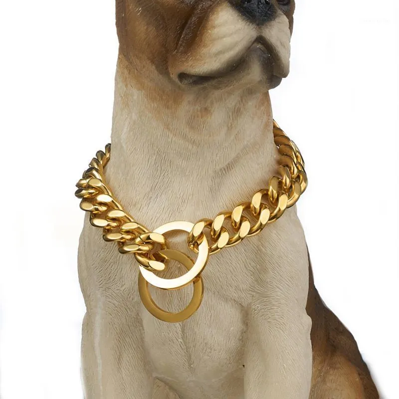Łańcuchy 12 / 15mm Szerokie Wysokiej Jakości Bezpieczeństwo Dostaw Pet Naszyjnik Choker Gold Tone Ze Stali Nierdzewnej Cuban Curb Link Chain Collar 12-36 "1