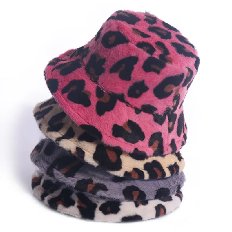 New Korean Winter Vintage Leopard Plush Bucket Hat Women Girls Warm Faux Fur Bucket Cap Japanese Sweet Cute Fisherman Hat