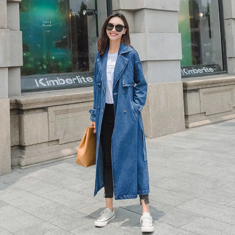 Denim Trench Coat For Women Autumn Loose Long Coat Women Double-Breasted Loose Jeans Trench Coat Windbreaker Manteau Femme C5635 T200828