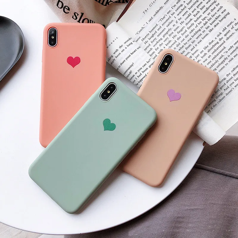 Par Love Heart Candy Color Soft Silicone Matte Telefon Väska till iPhone 12 11 X XS Max XR 7 8 6s Plus Fashion Solid Back Cover för Samsung