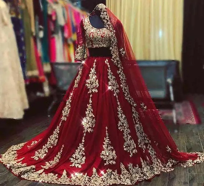 2021 Бургундские золотые арабские африканские свадебные платья с вулью 2 шт цветочные аппликации хрустальные бусы совок с длинными рукавами свадебное платье