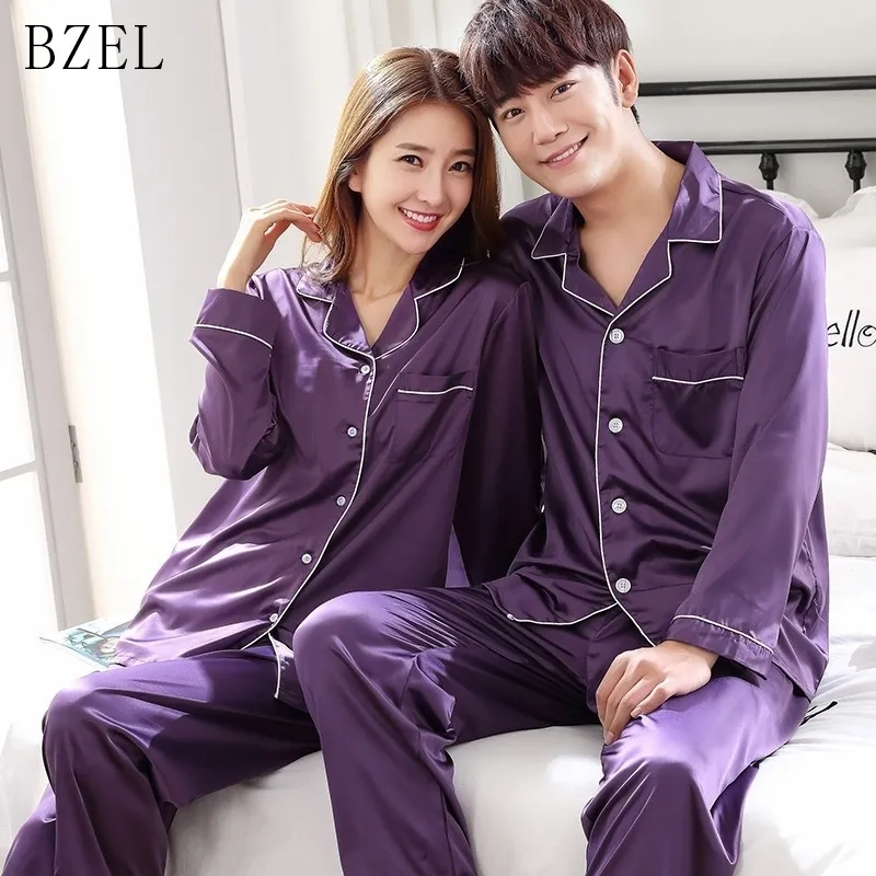 BZEL Silk Satin Couples Pamas Set Set Set Set Long Sleeve 잠자기 잠옷 잠옷 홈 의류 HIS-and-HERS 의류 Pijamas 201111