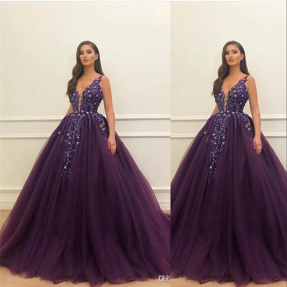 Sexy Dark Purple Grape Quinceanera Ball Gown Dresses Tulle Deep V-Neck Sequins Sweet 16 Dress Sweep Train Custom Party Prom Evening Gowns