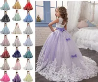 Formal Lace Applique Lavender Tulle Ball Gown Flower Girl Dresses with Sash Bows for Wedding TUTU Cute Princess Kids Gown