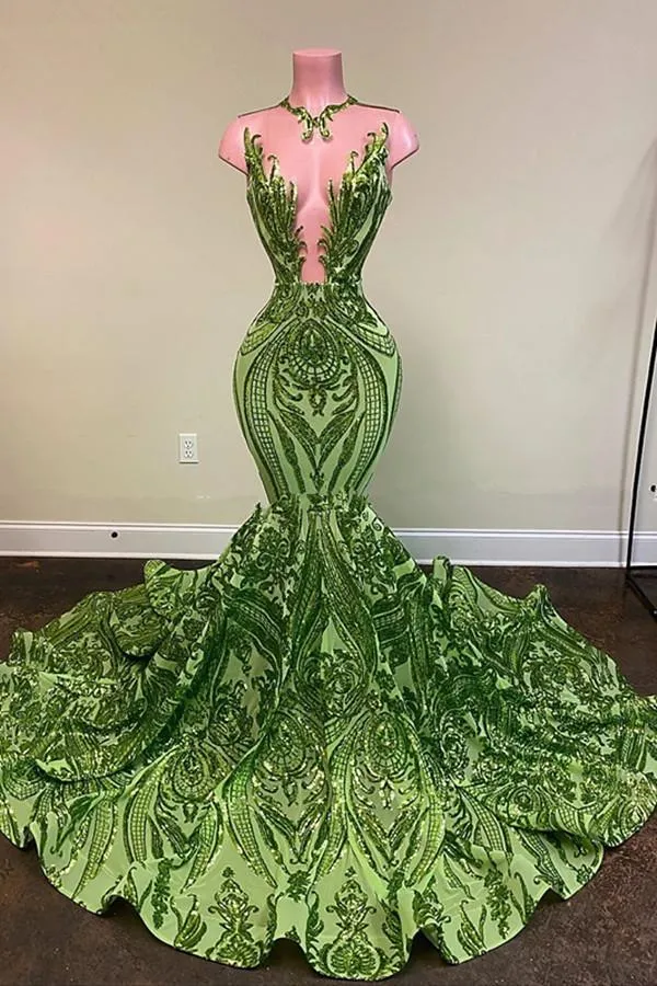 Sparkly Sequins Olive Green Mermaid African Prom Dresses Black Girls Jewel Neck Illusion Long Graduation Dress Plus Size Formal Se189g