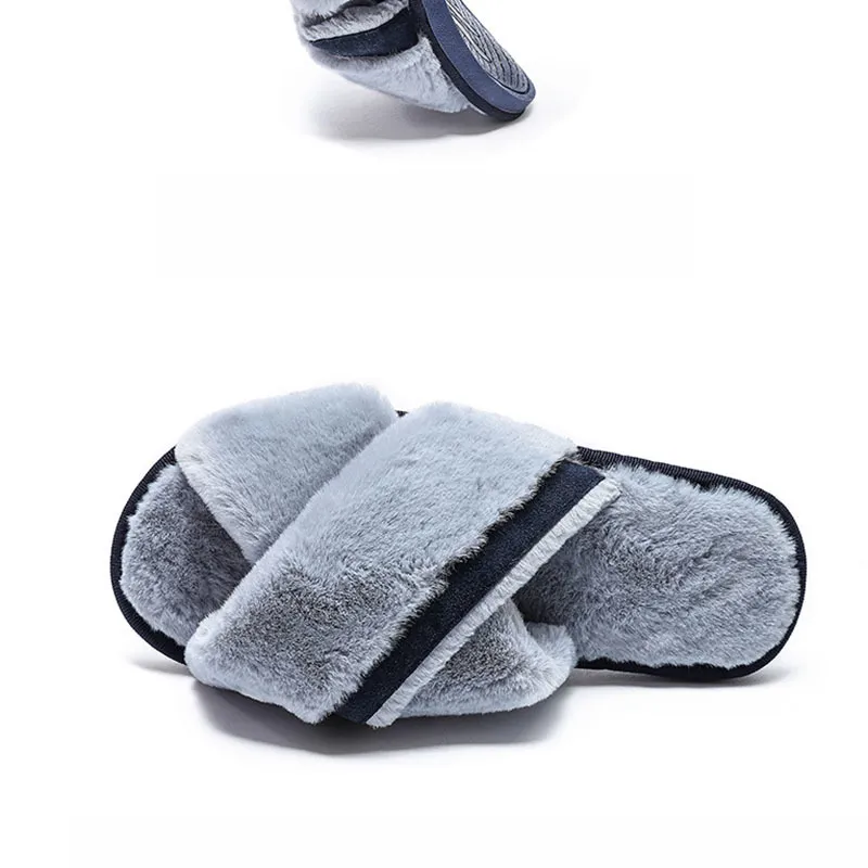 SWQZVT Furry slippers women 2020 new cross faux fur indoor bedroom ladies slippers non-slip plush winter sleepers women shoes (12)