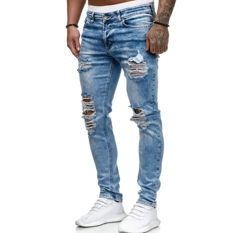 Herren-Loch-Jeans im Used-Look, lange, gerade geschnittene Herren-Jeans, lässige, gewaschene Denim-Jeanshose, Größe S-3XL331q