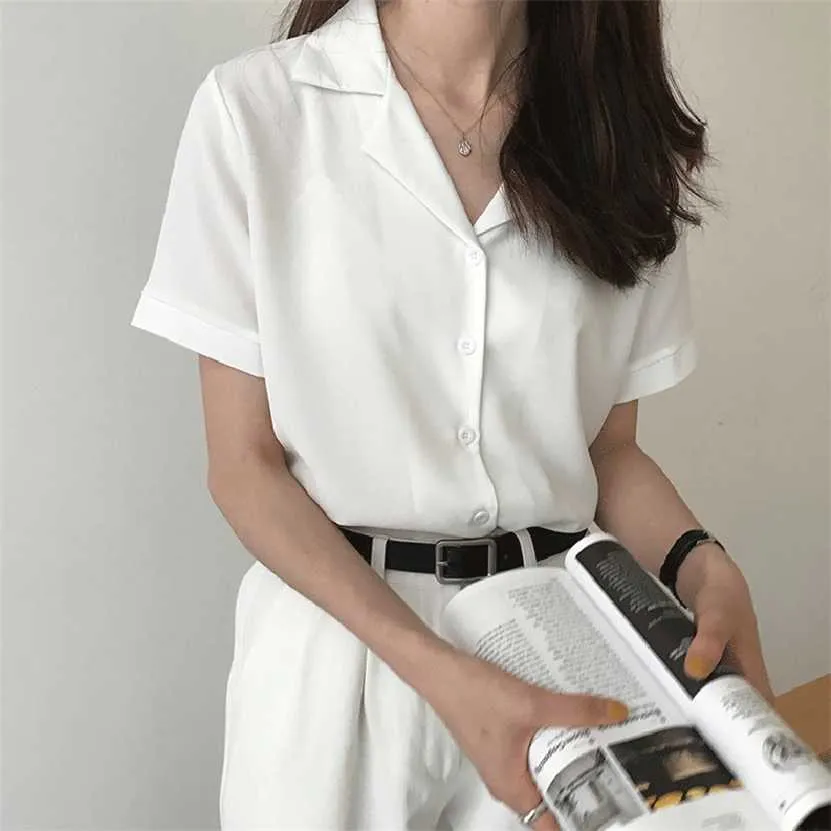 Summer Blus Shirt for Women Fashion Short Sleeve V Neck Casual Office Lady White Shirts Topps Japan Korean Style #35 220122