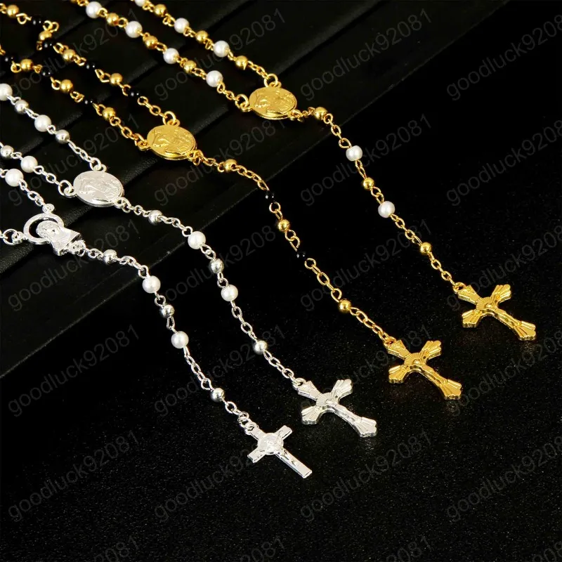 4mm Rosary Stainless Steel Beaded Cross Pendant Chain and Stainless Steel Rosary Jesus Cross Necklace and Pendant Religion