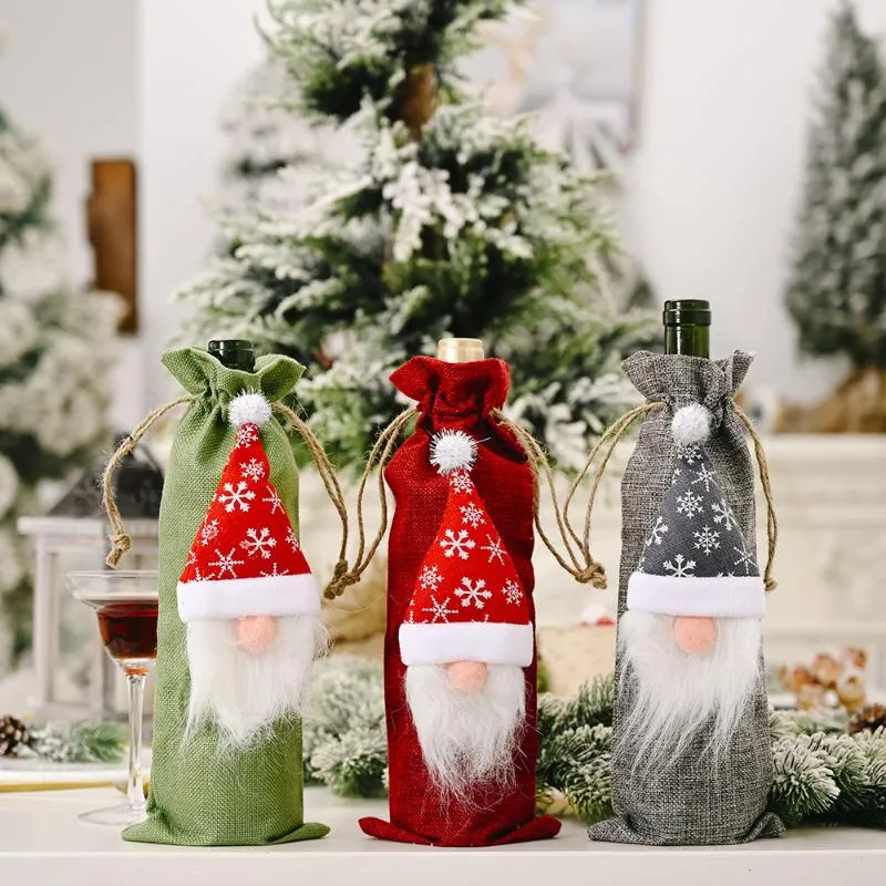 Dekoracje świąteczne las starego człowieka wina butelki pokrywa torba lniana kreatywna twarz lalki party dekoracji tabeli