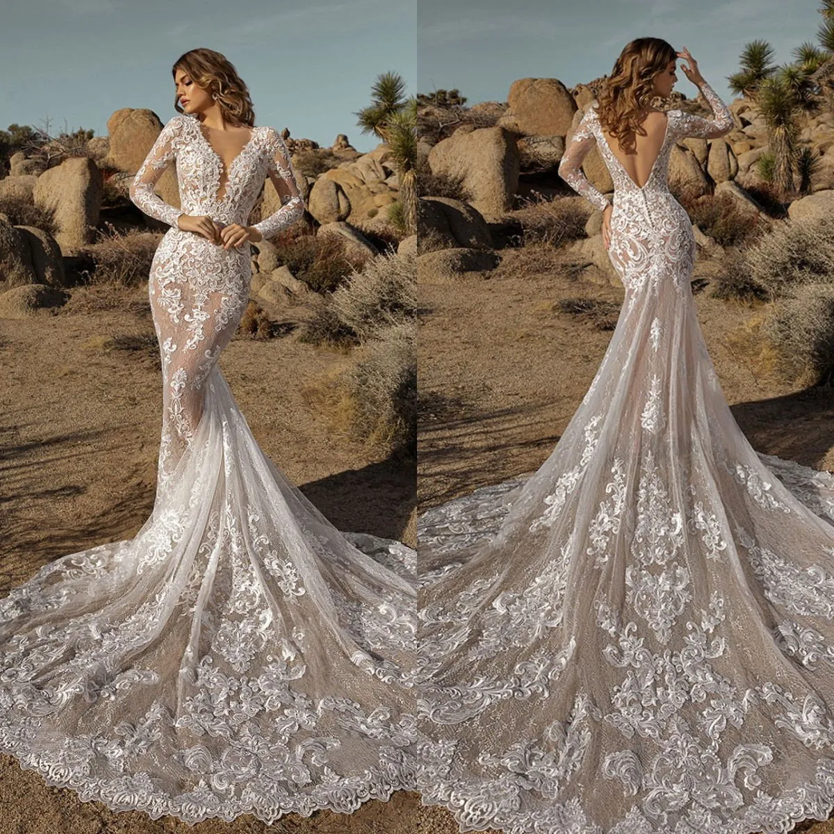 2021 Modern Wedding Dresses V Neck Long Sleeves Lace Appliques Mermaid Bridal Gowns Custom Made Sexy Backless Sweep Train Wedding Dress