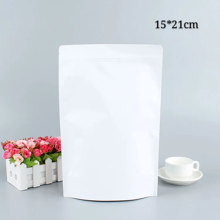 15*21cm 100pcs White Food Packaging Paper Bags Dry Flowers Zip Lock Flat Bottom Gift Packing Bag with Tear Notch