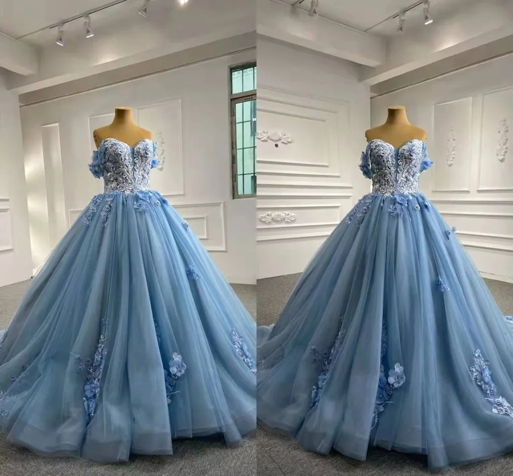 2022 princesse ivoire dentelle bleu clair robe de mariée longue train fleurs faites à la main perles perlées sur l'épaule robes de mariée tulle