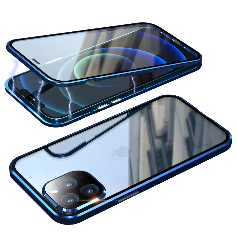 360完全な焼きガラス磁気吸着電話ケースiPhone 12 Pro Max 14 15 13 11 XS XR X 8 7 Plus
