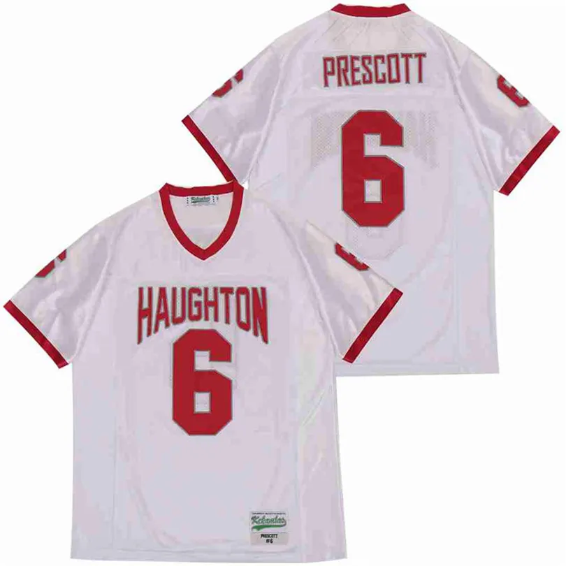Maglia da calcio da uomo Haughton High School 6 Dak Prescott Team Away Bianco Puro cotone Tutto Ed traspirante Alta qualità in vendita