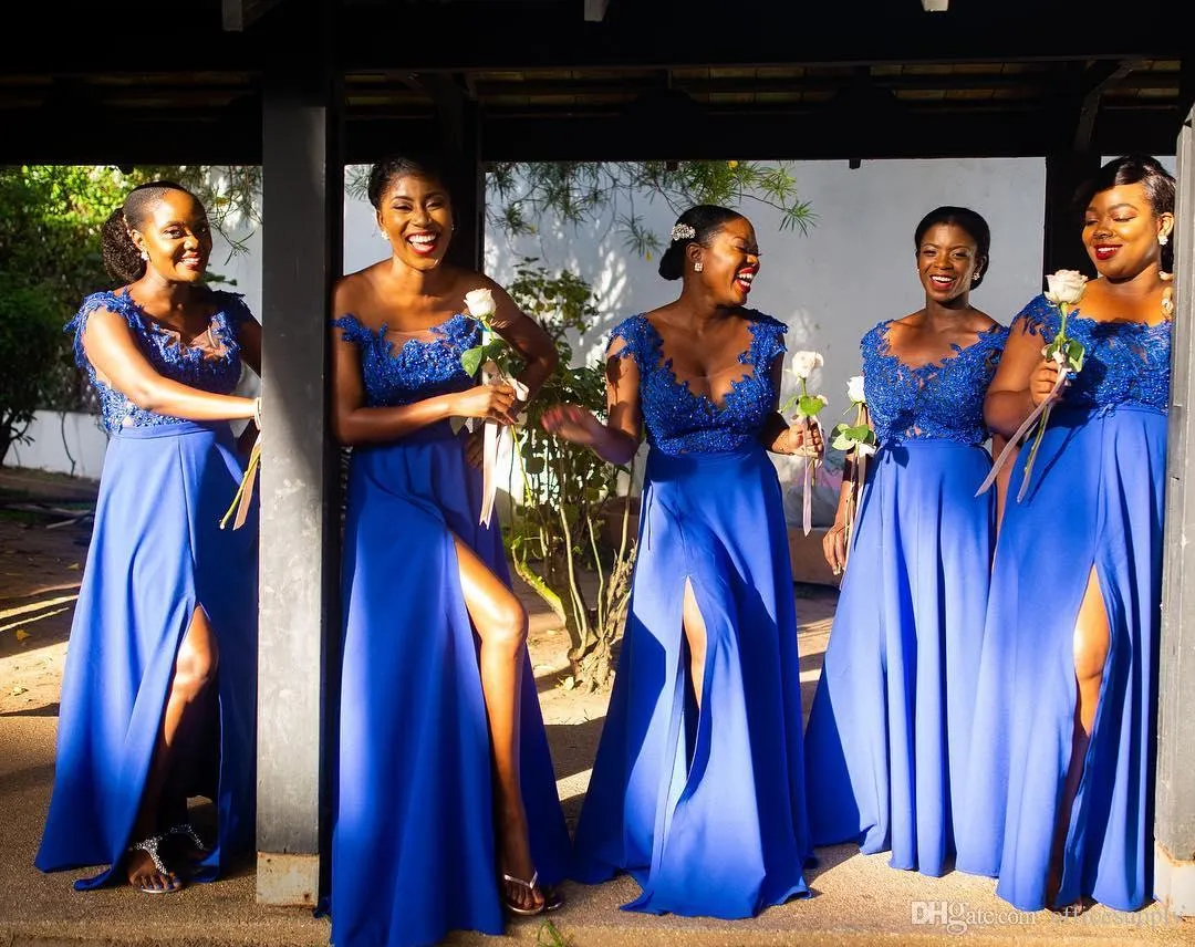 African Summer Royal Blue Szyfonowe sukienki druhna Druhna Linia Cap Sleeve Długie Maid of Honor Suknie plus size na zamówienie B2091