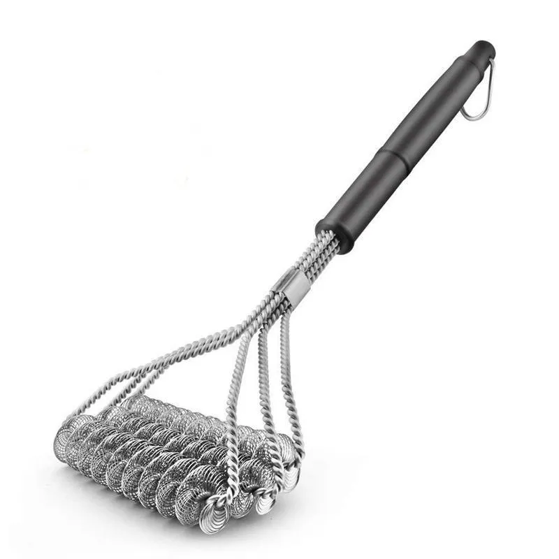 Brosse de nettoyage de gril de barbecue en acier inoxydable Brosse de nettoyage à ressort à trois fils avec poignée Brosse de nettoyage antiadhésive durable Outils de barbecue WVT0386